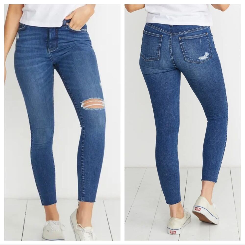 Marine Layer | Women’s High Rise High Waisted Blue Wash Skinny Jeans Raw Hem 28